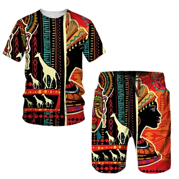 남성 스타일 아프리카 여름 운동복 민족 Totem 프린트 티셔츠 반바지 세 캐주얼 의류 빈티지 대형 의상을 패션