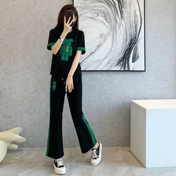 여자 2023 여름 패션이 땀을 맞게 한국어 버전 짧은 소매 T-셔츠 바지 2 개의 조각 설정 여성 의류