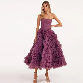 Sevintage 한 퍼플 계층 프릴 튤 파티 드레스 슬리브리스 주름 Ruched 차 길이 라인 이브닝 드레스 드레스