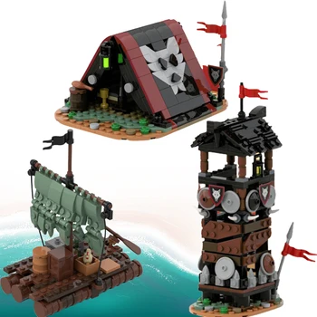 MOC 중세 군인 천막 빌딩 블록 늑대 기사 Sentinel 망대 인물이 성이 해적선 뗏목 미니 벽돌을 모형 장난감