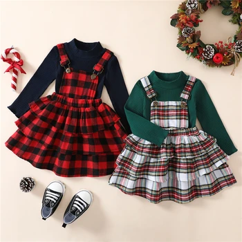 크리스마스 아 옷 집합을 가을 겨울 아이들이 어린이에 맞는 따뜻한 솔리드웨터 무늬 서스펜더 드레스