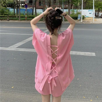 여성 T 셔츠 붕대를 단단한 목 짧은 소매 느슨한 한국의 패션 스타일의 반바지는 여름 경기 Шорты Женские Летние