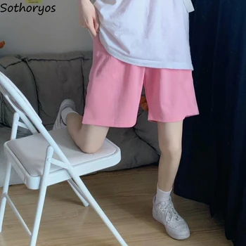 여성 캐주얼한 느슨한 반바지는 여름 패션 솔리드 무릎 길이 높은 허리 다리 분홍색 바지 한국의 귀엽 학생들이 얇은 보내다