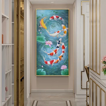 잉어 물고기에 풍수 잉어 연꽃이 연못 사진 캔버스에 유화 포스터 인쇄 Cuadros 벽 예술에 대한 사진 거실