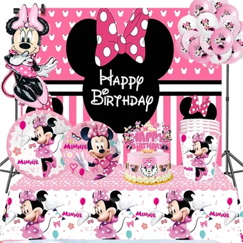 디즈니 핑크 미니 마우스 소녀 생일을 장식 종이 접시 컵 냅킨 배너 어린이 장난감 풍선 아이디어의 공급