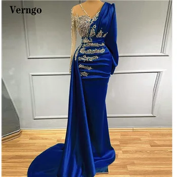 Verngo 로얄 블루 새틴 비즈 롱 슬리브닝 드레스와 함께 분리가능한 훈련 V 목 두바이 여성의 럭셔리 형식적인 댄스 파티 드레스