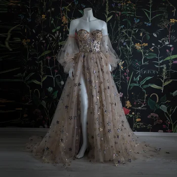Booma 동 샴페인 별이 빛나는 튤 파티 드레스의 연인 소매 높은 슬릿 A-라인 웨딩 파티 공식적인 이브닝 드레스