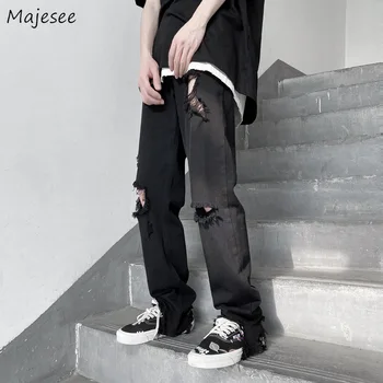 여름 찢어진 청바지에 남는 바로 데님 바지 십대 레트로 한국 스타일의 모피-라인홀 거리 착용 대용량 S3XL BF