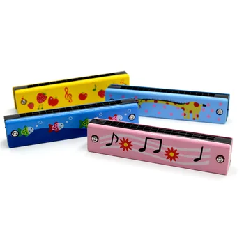 16 구멍이 나무 하모니카 아이들을 위한 두 배 줄 Blowable 하모니카 귀여운 만화 패턴은 컬러는 목관악기 아이 멜로디언