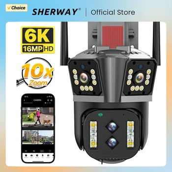 SHERWAY6K HD WIFI IP 카메라 16MP10 배 확대 하이브리드 자동 추적 PTZ 카메라 야외 네 렌즈 스크린 보안 캠 4K 감시