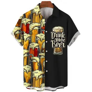 하와이의 하라주쿠의 해변 셔츠 남성을 위한 3D 프린 맥주 짧은 소매 티 여름 휴가 스타일-브레스 탑 라펠 셔츠