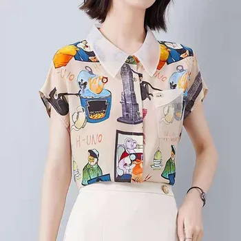여자 만화에 의하여 인쇄되는 블라우스 버튼을 여름 패션이 여성 의류에 짧은 소매 캐주얼 폴로 넥 워크 셔츠