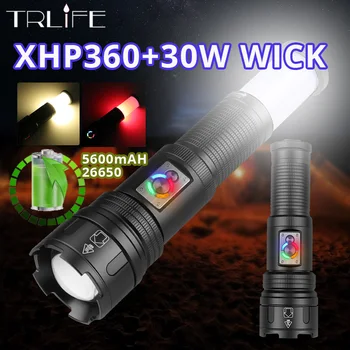 30W 강력한 손전등 XHP360LED+옥수수 속 백색광 망원경 Zoom TYPE-C 입력 및 출력 내장 5600mA26650 배터리 횃불