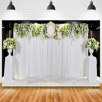 화이트 커튼에 꽃 장식을 배경으로 배너 결혼식 사진 촬영 배경 신부 샤워 사진한 사진 스튜디오