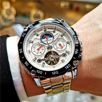 AOKULASIC 남 기계적인 자동적인 시계 스테인리스 투르 시계 스포츠 손목 시계를 방수 남성 시계