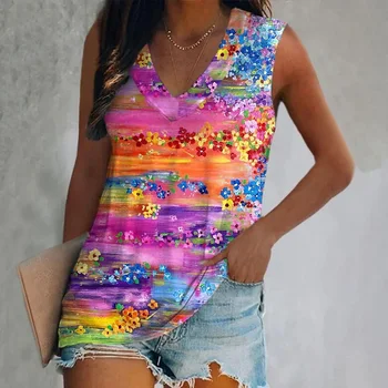 다채로운 꽃의 나비 3D 인쇄 탱크 상의 여성 Y2k 스트리트웨어 대형 V-조끼 어깨 슬리브리스 여자 속옷