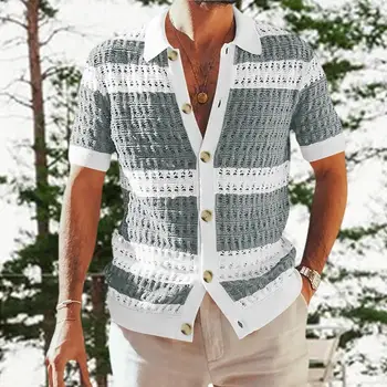남성 중공인 디자인 소매가 짧은 남자는 뜨개질 셔츠 라펠 여름 남성 스웨터 야외 카디건 스 Top