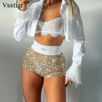 Vsstiar 높은 허리 미니 반바지는 새로운 패션이 반짝 반짝이는 의류 섹시 스키니는 파티 나이트클럽 여자 반바지