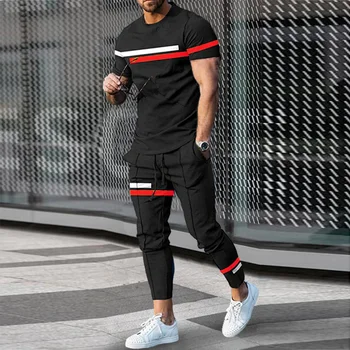 2023 남자 운동복 남성 캐주얼 2 조각상 짧은 소매 티셔츠 긴 바지 세트 티셔츠에 맞게 3d 인쇄 스포츠웨어