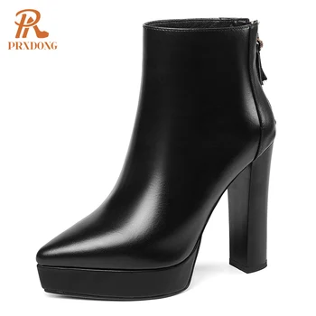 PRXDONG 브랜드 여성들의 발목 부츠 Chunky 하이힐 플랫폼 블랙 베이지 가을 겨울 따뜻한 신발 가죽 Office 신발