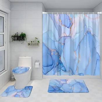 블루 대리석 샤워 커튼 설정을 그린 아트 개요 현대적인 욕실을 장식 목욕 받침대 매트 양탄자 비 미끄러짐 양탄자장 뚜껑 덮개