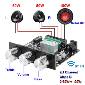 2*50W+100W 블루투스 Power Subwoofer 증폭기판 클래스 D2.1CH 홈 오디오 입체 음향 이퀄라이저 응용 프로그램 AUX A