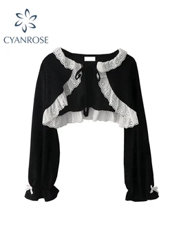 여성의 셔츠와 블라우스 고딕 양식의 흑인 한국 스타일의 패션 빈티지 레이스 패치 워크 Shir Cropt 최고 옷을 여름 2023