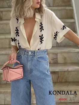 KONDALA 캐주얼한 느슨한 꽃 인쇄 셔츠 여성 소매가 짧은 버튼을 여름에는 블라우스 패션 2023 비치 셔츠 스트리트웨어 상의