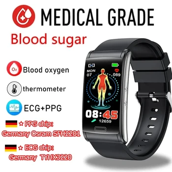 2023 새로운 E600 스마트 팔찌는 비침범성 혈액 포도당 방수 IP68 24 시간 온도 ECG+PPG 혈압 건강 Watch