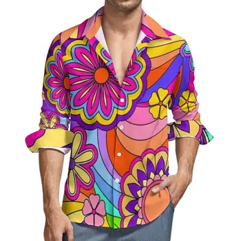 꽃 파워서 영감을 셔츠 가을 그루비 히피 복고풍의 캐주얼 셔츠 블라우스 패션 긴 디자인 스트리트 플러스 사이즈