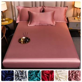 실크 공단 장착된 침대 시트는 솔리드 컬러 탄성 빨 수 있는 침대 덮개 아이스 시원한 여름 매트리스 덮개 180x200 가정을 위한 침실 장식