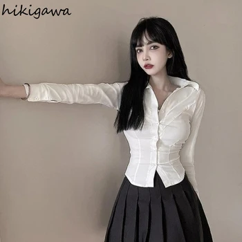 흰 셔츠 호리호리한 허리를 한국의 패션 블라우스 Y2k 옷이 정상 작물질 블라우스 2023 상 Mujer De Moda27h937