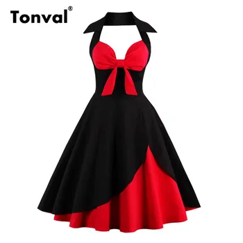 Tonval 빨간색과 검은 섹시한 매듭 V-고삐 파티 빈티지 드레스 여성 핀 적합하고 플레어 계층한 미디 드레스