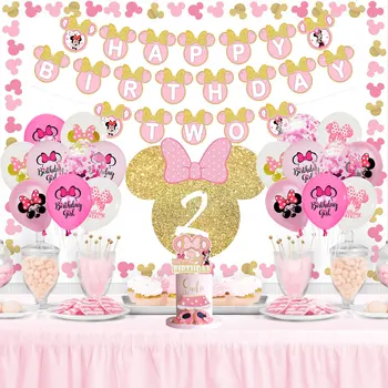 만화 미니 마우스 풍선 분홍색 반짝이 행복한 소녀 생일 풍선은 아이들을위한 여자의 방을 배경이 케이크 상품 배너식