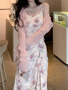 2022 년 여름 슬리브리스 프랑스한 미디 드레스 여성 꽃 한국 스타일의 패션 드레스 캐주얼 파티 섹시 스트랩 숙녀 여자